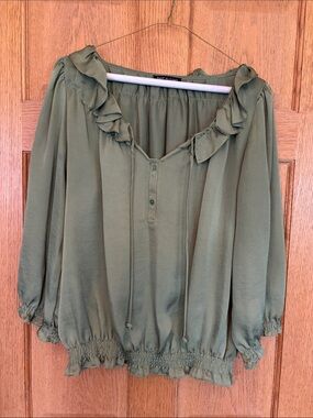 Violet & Claire Olive Green Ruffle Peasant Blouse - Women Tops